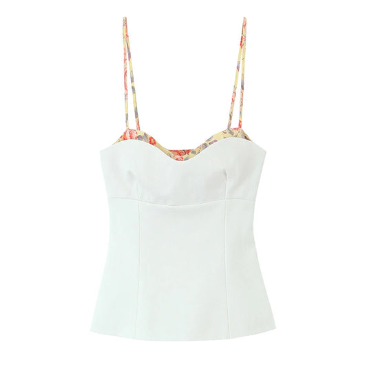 White Print Camisole Sexy Adjustable Spaghetti Straps Chic Party Summer Crop Top Streetwear for Women Short Length Polyester