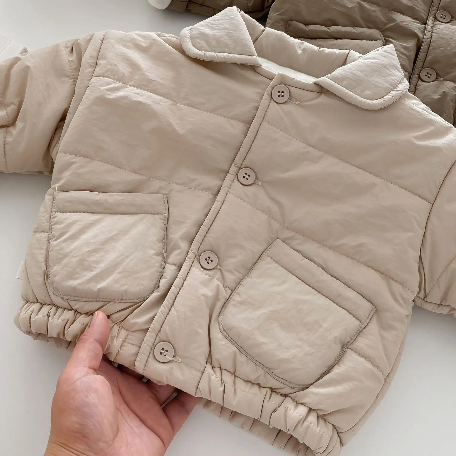 Baby Children's Winter Clothing Solid Colour Cotton Jacket Girls Simple Pocket Outwear Boys Fur Lining Warm Coat 0-5Y Unisex