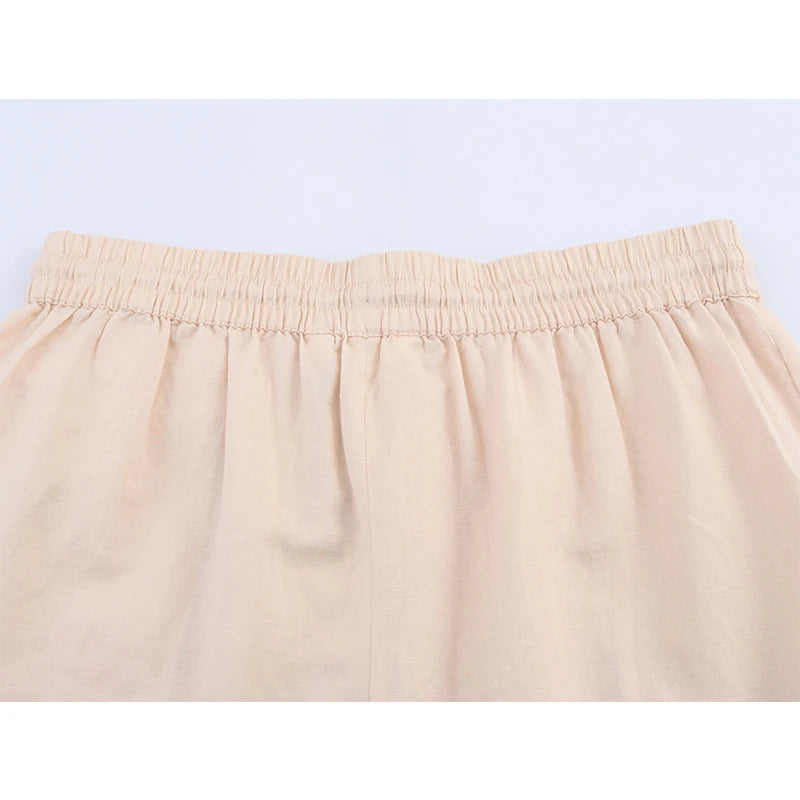 Casual shorts met bloemenborduursel voor dames, elastische tailleband en trekkoorden, polyester shorts voor de middelbare leeftijd, zomercollectie 2025