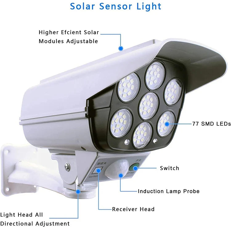 77 LED Solar Light Motion Sensor Security Dummy Camera Wireless Outdoor Flood Light IP65 Waterproof Lamp 3 Mode For Home Garden