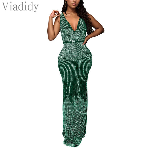 Women Sexy Solid Color Sleeveless Rhinestone Decor Deep V Neck Floor-length Party Dress