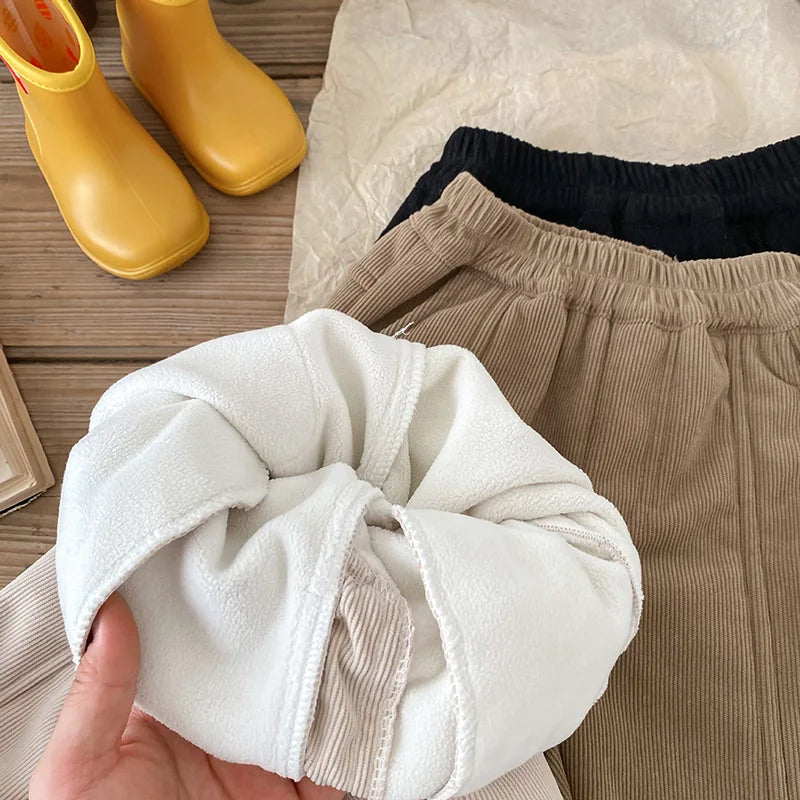 Winter Warm Kids Pants Fleece Lining Corduroy Fleece Boys Girls Trousers Outerwear Clothing 1-6Y Unisex