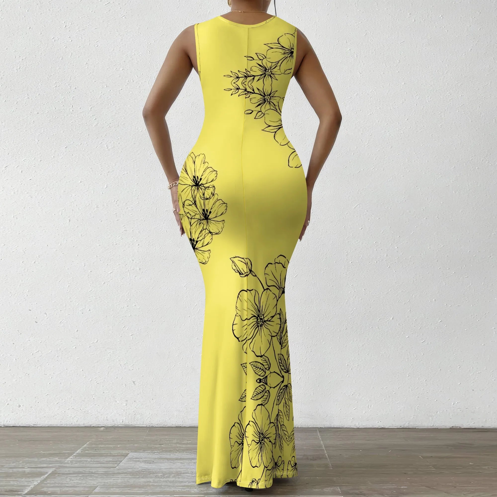 Women's V-Neck Sleeveless Maxi Dress Yellow Black Outline Floral Print Elegant Bodycon Summer Dress