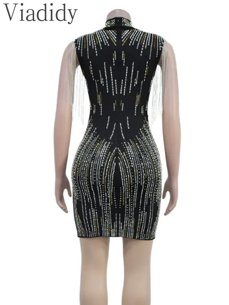 Sexy Sleeveless Rhinestone Decor Tassels Hollow Out Mini Dress