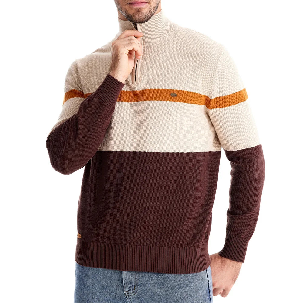Men's High Quality Cotton Sweater Zipper Mock Neck Pullovers Male Autumn Winter Striped Warm Polo Sweater For Men
