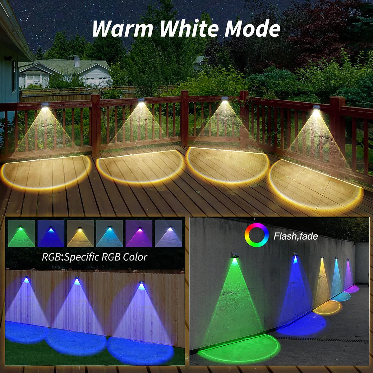 Solar Fence Lights Outdoor Waterproof Solar Deck Lights with Warm White RGB LED Spot Lens Decorative Solar Powered Wall Lights