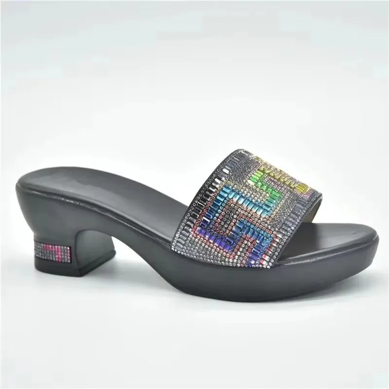 2025 Women Wedge Slippers Shoes Italian Design Comfortable Outdoor Platform With 6cm High Heels Decorated With Rhinestone
