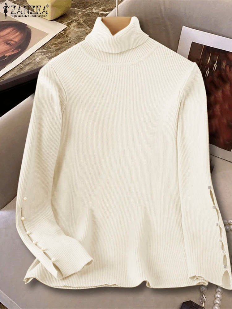 Women Casual Turtleneck Ribbed Sweaters Korean Fashion Long Sleeve Solid Pullovers Autumn 2024 Chic Sleeve Slit Jumpers