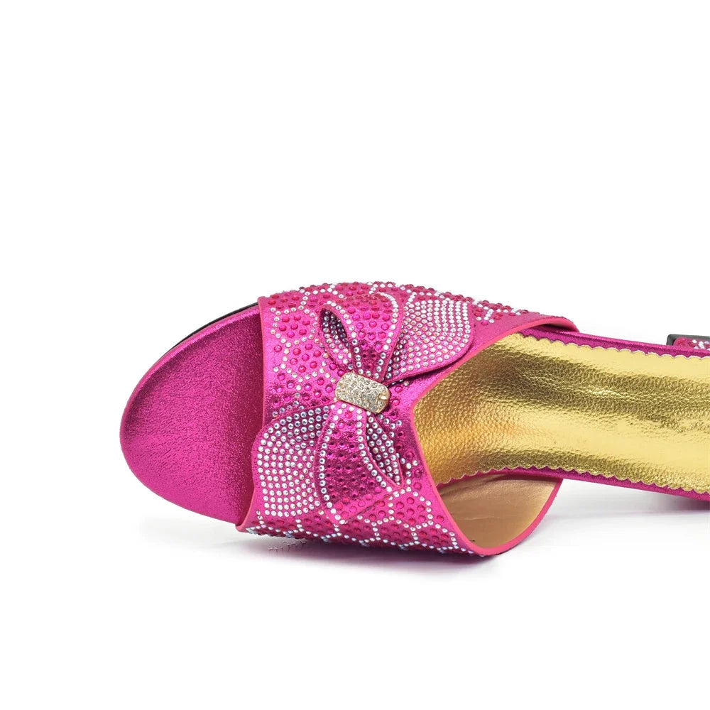 Women Bow Pumps Decorated with Rhinestone Slip-On Peep Toe Low Heels Ladies Dress Party Shoes for Bride's Wedding