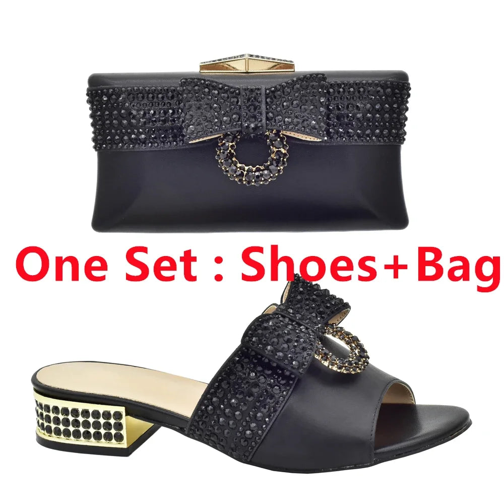 Italian Ladies Shoes and Bags To Match Set Decorated with Rhinestone Sling Backs Low (1cm-3cm) Luxury Shoes Women Designers