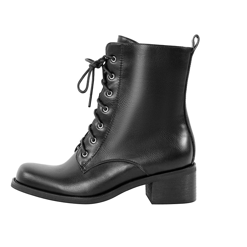 Women Brown Lace UP Ankle Boots  Round Toe  Gothic Heeled Concise Side Zipper Winter Motorcycle Boots