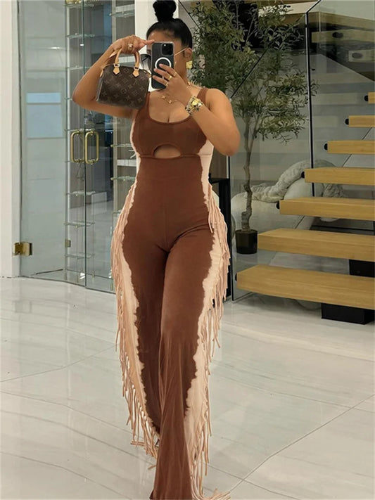 Chic Contrast Patchwork Jumpsuit Women Sexy Hollow Sleeveless Tassel New Trend Fashion Stretch Workout Long Overalls