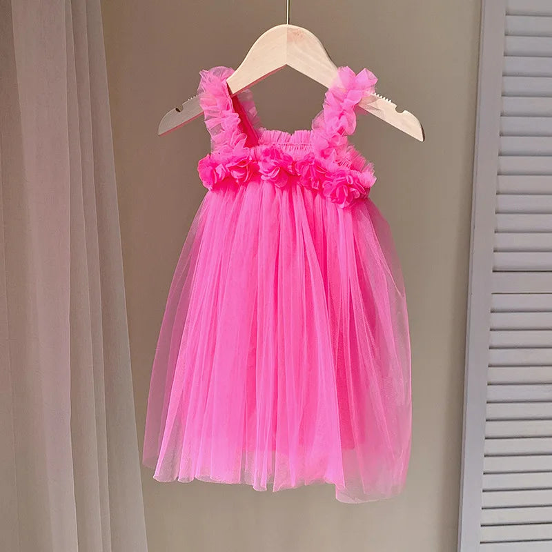 Summer Kids Sweet Mesh Dress Girls 6 Colours Suspended Floral Beach Skirt Children Tutu Princess Dress 1-6Y Girls