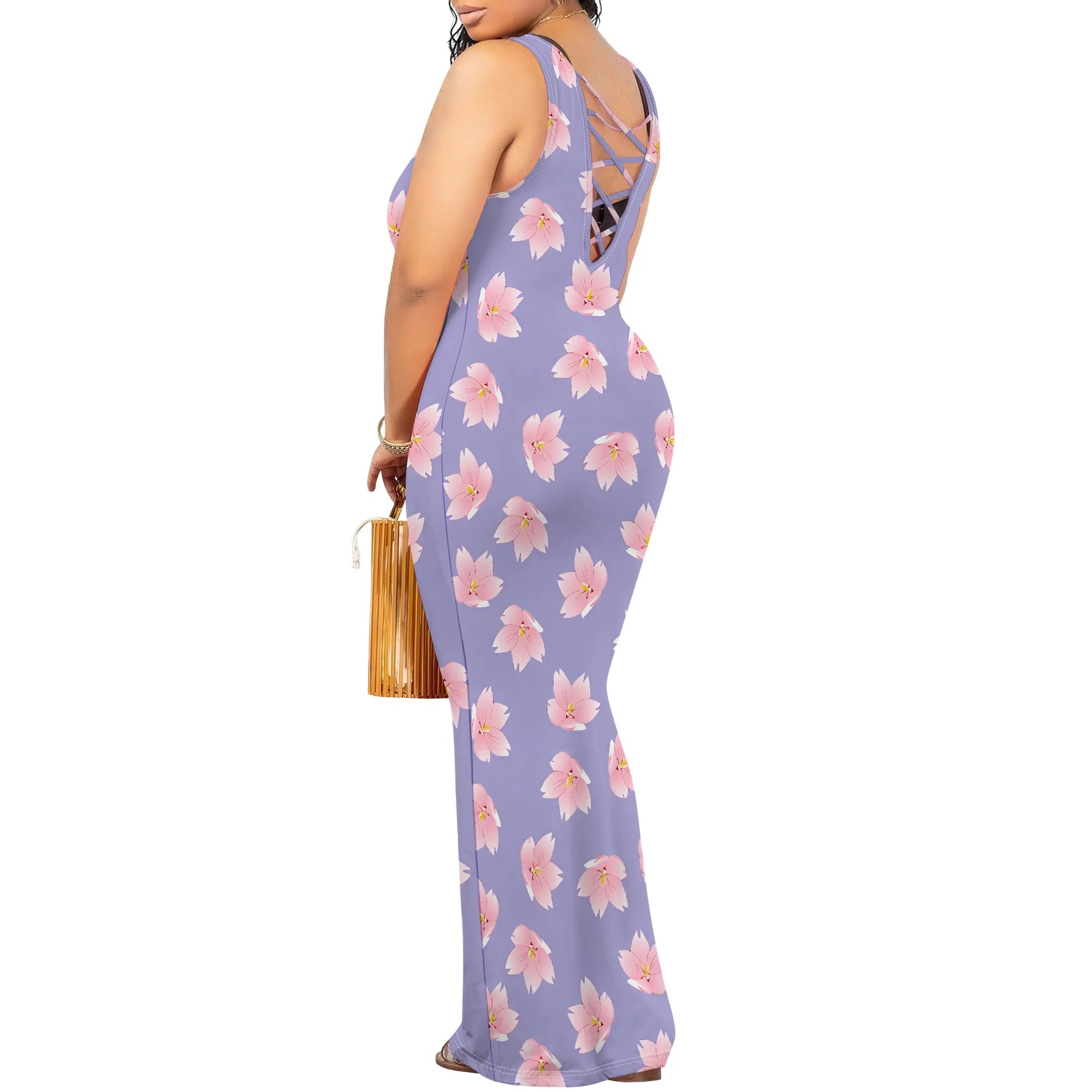 Sleeveless Purple Floral Maxi Dress for Women Slim Fit Long Summer Sundress Korean Style Bodycon Vacation Look