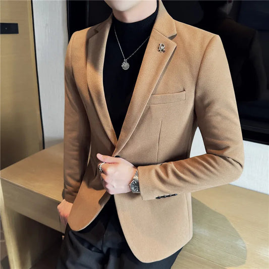 Men's Thickened High-Quality Daily Work Formal Single-Breasted Woollen Coat with Dark Stripe for Autumn and Winter Size S-4XL