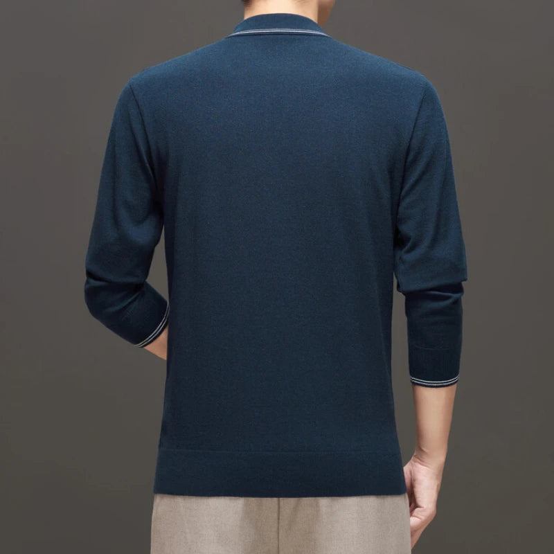 Men's Solid Colour Business Casual Polo Shirt, Suitable For Daily Commute, Pullover Sweater, Warm Knitted Long-Sleeved Cardigan