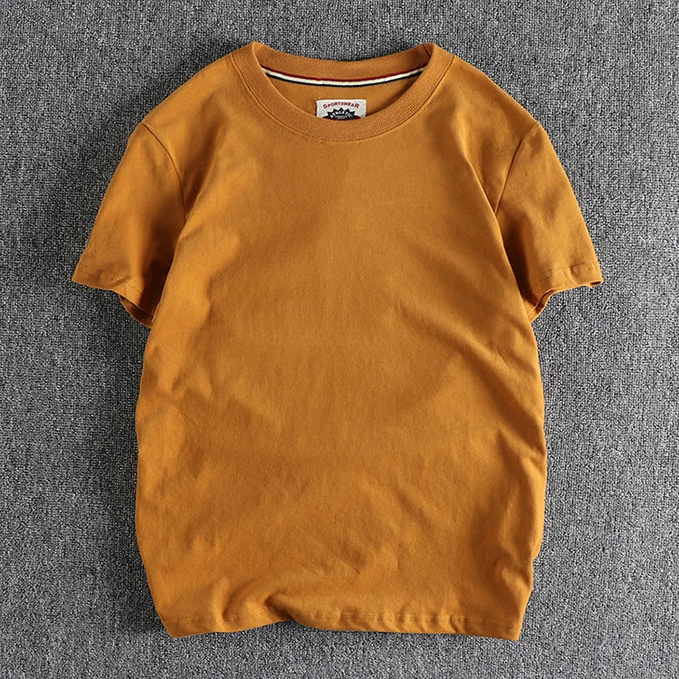 Summer New American Retro Short-sleeved O-neck Solid Color T-shirt Men's Fashion Simple 100% Cotton Washed Casual Sport Tops