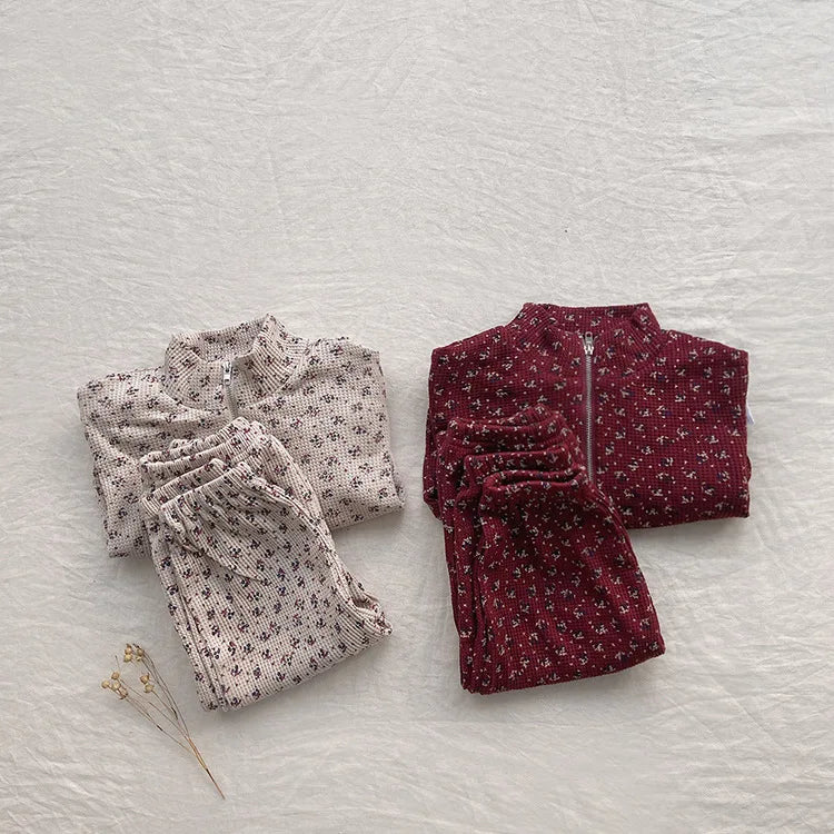 Toddler Kids Clothing 2PCS Set Girls Boys Hoodie Suits Vintage Waffle Casual Style Children's Clothes Outfit 1-5Y Unisex