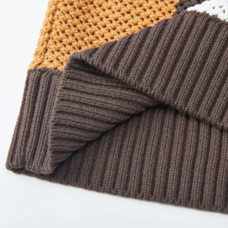 Men's Autumn/Winter Colour-Block Striped Polo Collar Knitted  High Quality Hollow Out Cardigan With 60% Cotton
