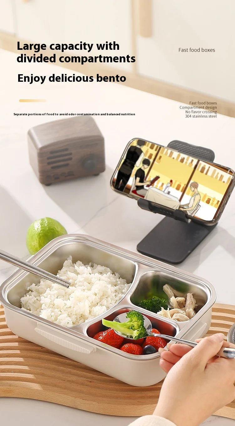 304 Stainless Steel Microwave Safe Partitioned Bento Box - Large Capacity Lunch Container for Students & Office Workers