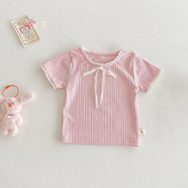 New Summer Kids T-shirt Boys Cute Hollow Out Floral Tops Children Thin Style Pit Strip Lace Girls Tee 1-5T Unisex