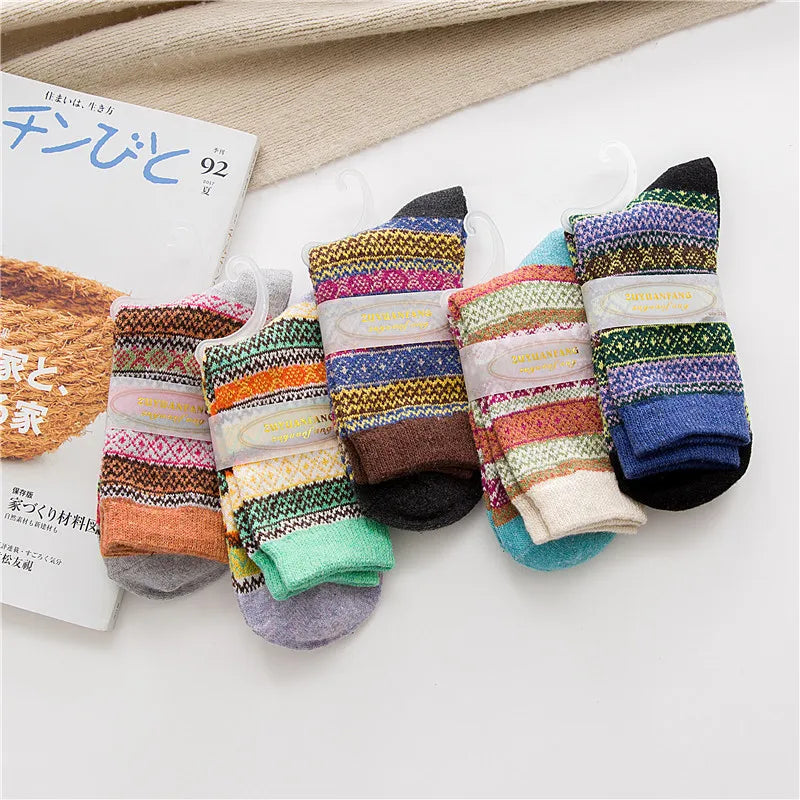 5 Pairs Winter New Warm Thicken National Wind Women's Wool Medium Tube Female Socks