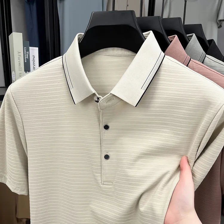 Men's Short-Sleeved T-Shirt, Subtle Striped Texture, Classic Collar Design With Button Details - Soft and Breathable Fabric Polo