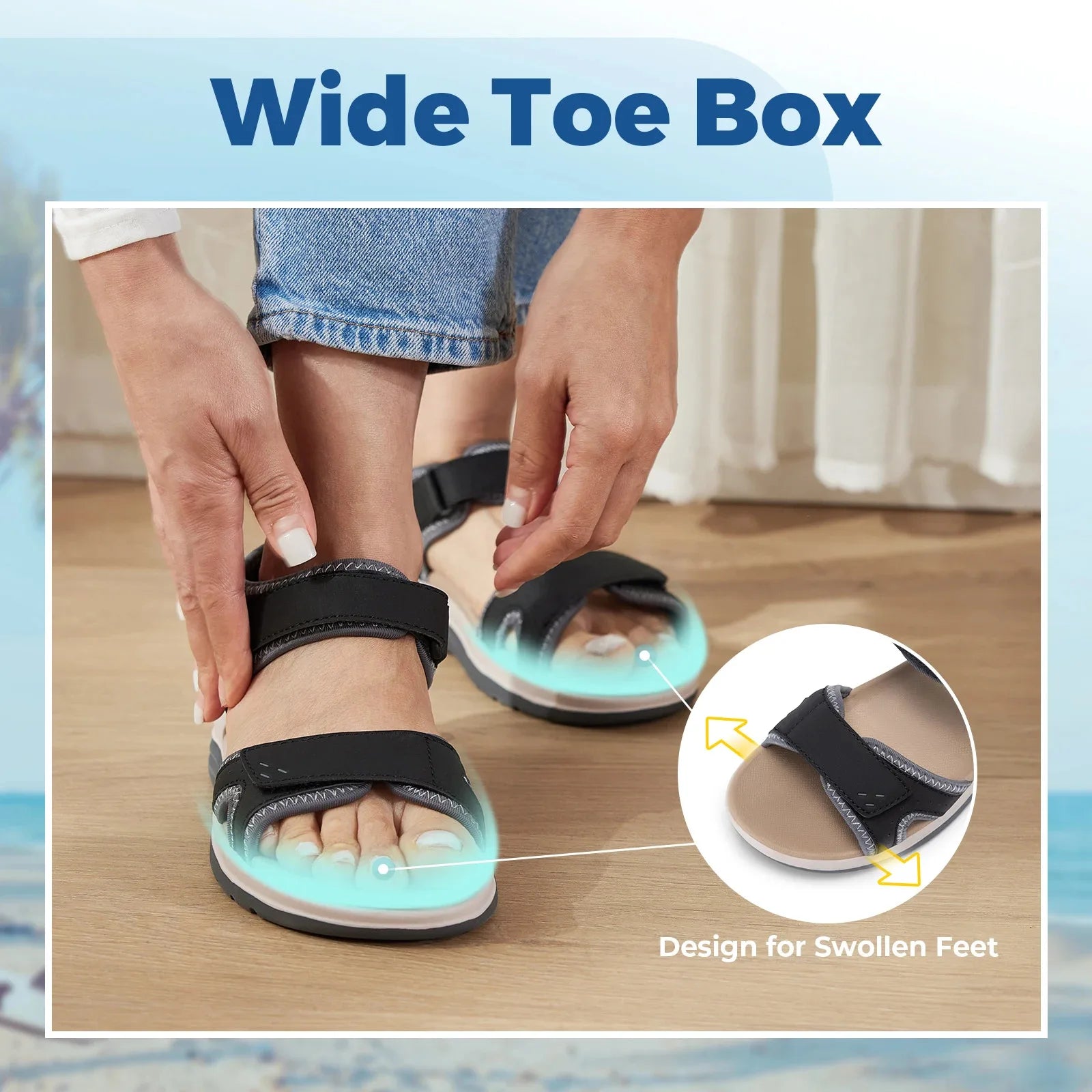 Women's Sandals Summer Beach Flats Adjustable Ankle Strap For Swollen And Flat Feet With Arch Support Open Toe Orthotic