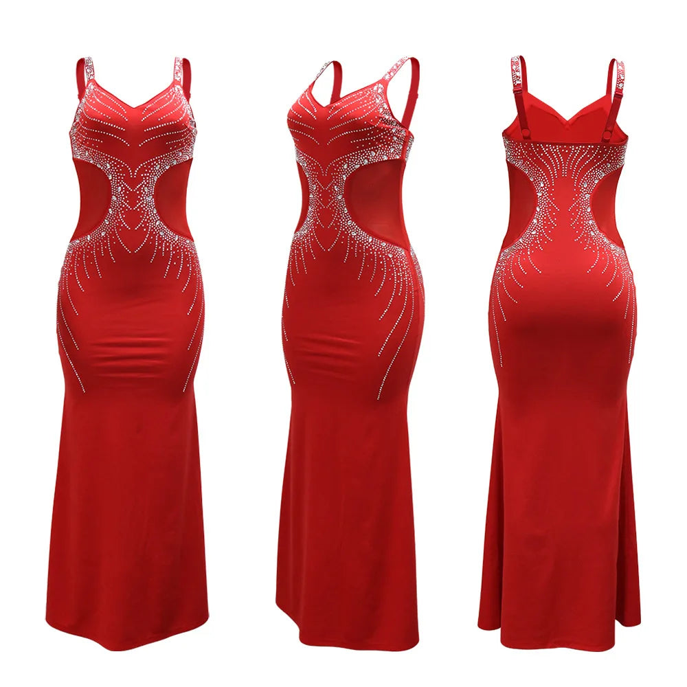 Women Spaghetti Strap Rhinestone Floor Length Mermaid Party Dress