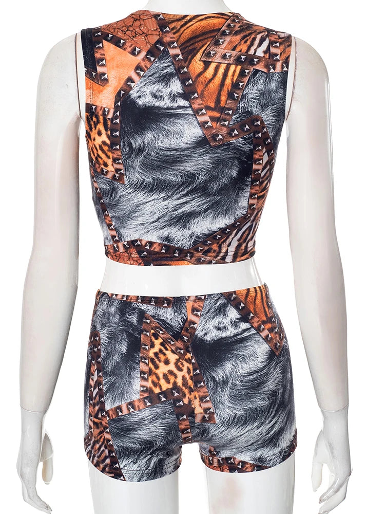 Colourful Print 2 Piece Set Women Casual O-Neck Tank Tops + Skinny Shorts Matching Hottie Sexy Sporty Activity Tracksuit