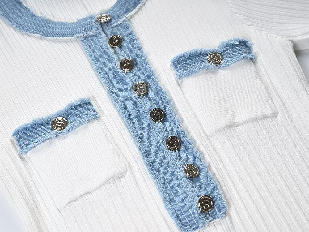 Elegant Contrasting Women Knit Maxi Dress Chic O-neck Short Sleeve Metal Buttons Bodycon Dresses Office Lady Commuting Robe