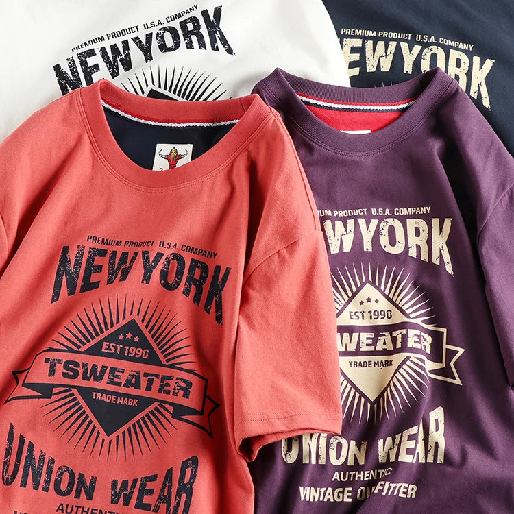 2025 Summer New American Retro Short Sleeve O-neck Letter Printed T-shirt Men's Fashion 100% Cotton Washed Casual Youth Tops