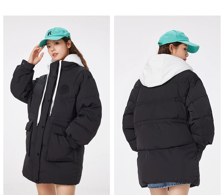 Women's Faux Two-Piece Mid-Length Puffer Jacket With Cosy Polar Fleece Lining, Hooded Warmth Loose Duck Down Coats For Ladies