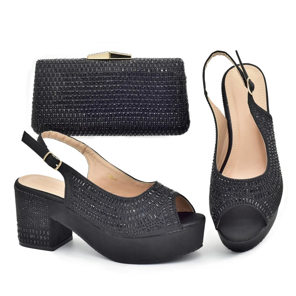 Africa Shoe and Bags Set Decorated with Rhinestone Wedges Shoes for Women Italian Women Wedding Shoes with Bag Set