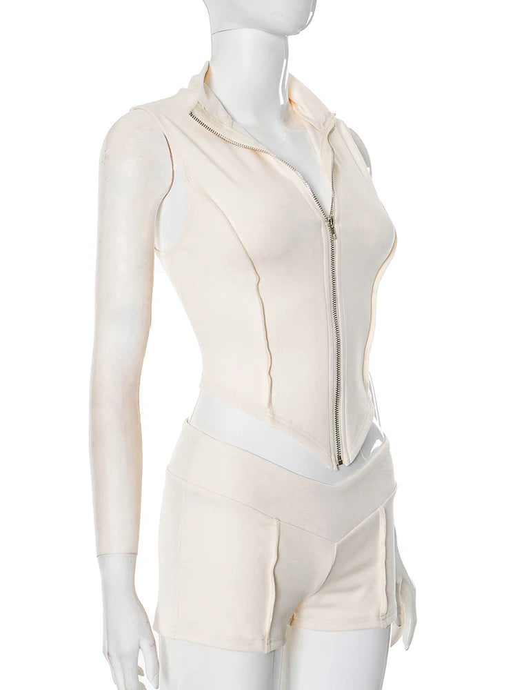 Lijnen Patchwork 2-delige set Dames Rits Cardigan Onregelmatige Crop Top + Skinny Peach Hip Shorts Eenvoudige Sportieve Straatkleding