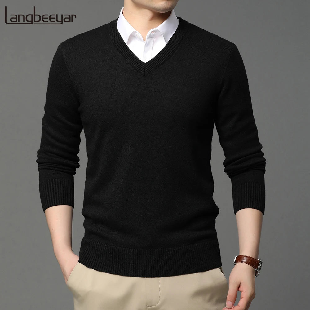 Men's High Quality Fashion Brand, Woollen Knit Pullover V-Neck Sweater, Autumn and Winter Casual Male Jumper