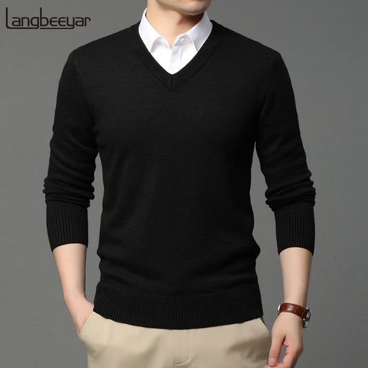 Men's High Quality Fashion Brand, Woollen Knit Pullover V-Neck Sweater, Autumn and Winter Casual Male Jumper
