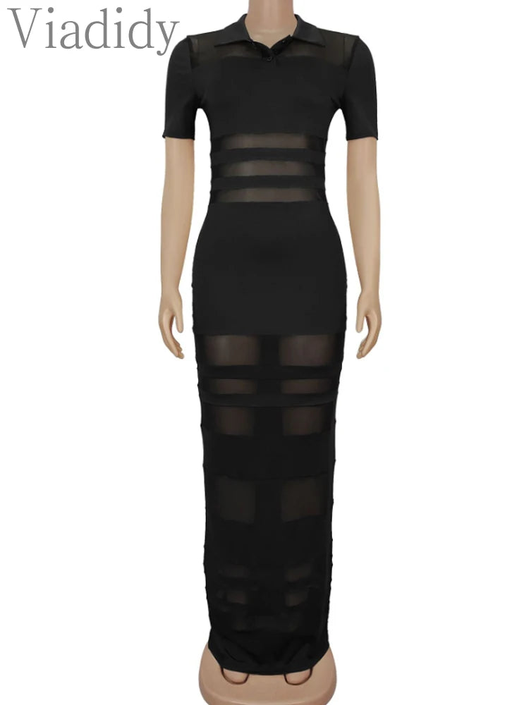 Sexy Women Turn Down Collar Short Sleeve Mesh Patchwork Striped Long Dress Vestidos