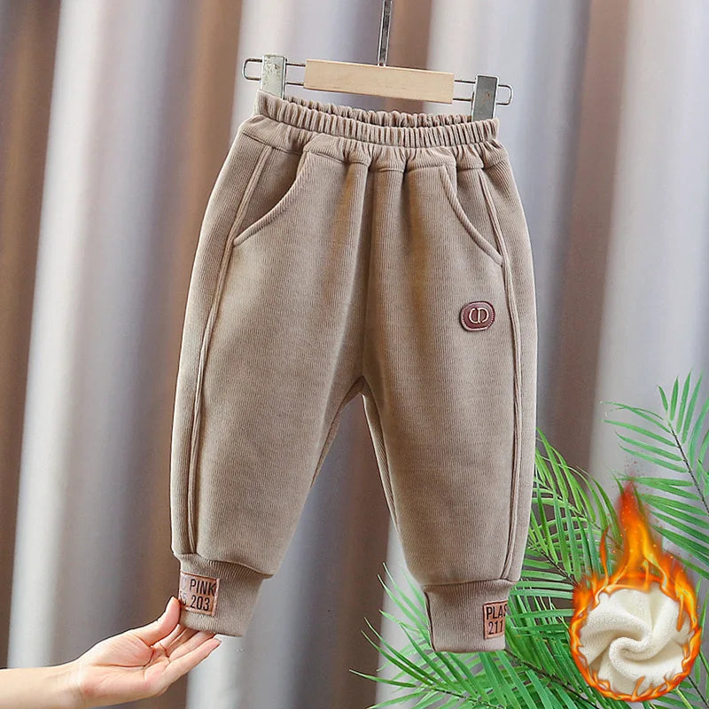 Children's Autumn & Winter Baby Girl Pants Fur Lining Boys Casual Trousers Simple Thick Kid's Pants 0-5Y Unisex