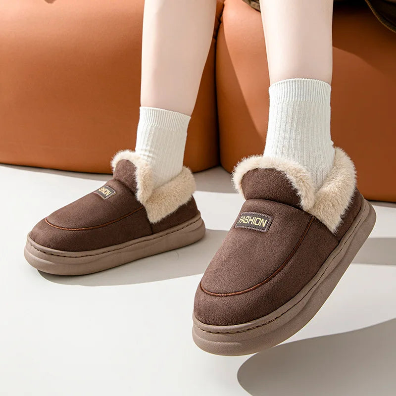 Unisex Plush Lining Shoes With Platform Soft Sole Indoor and Outdoor Slides Non-Slip Fluffy Cosy Warm Slippers For Men & Women
