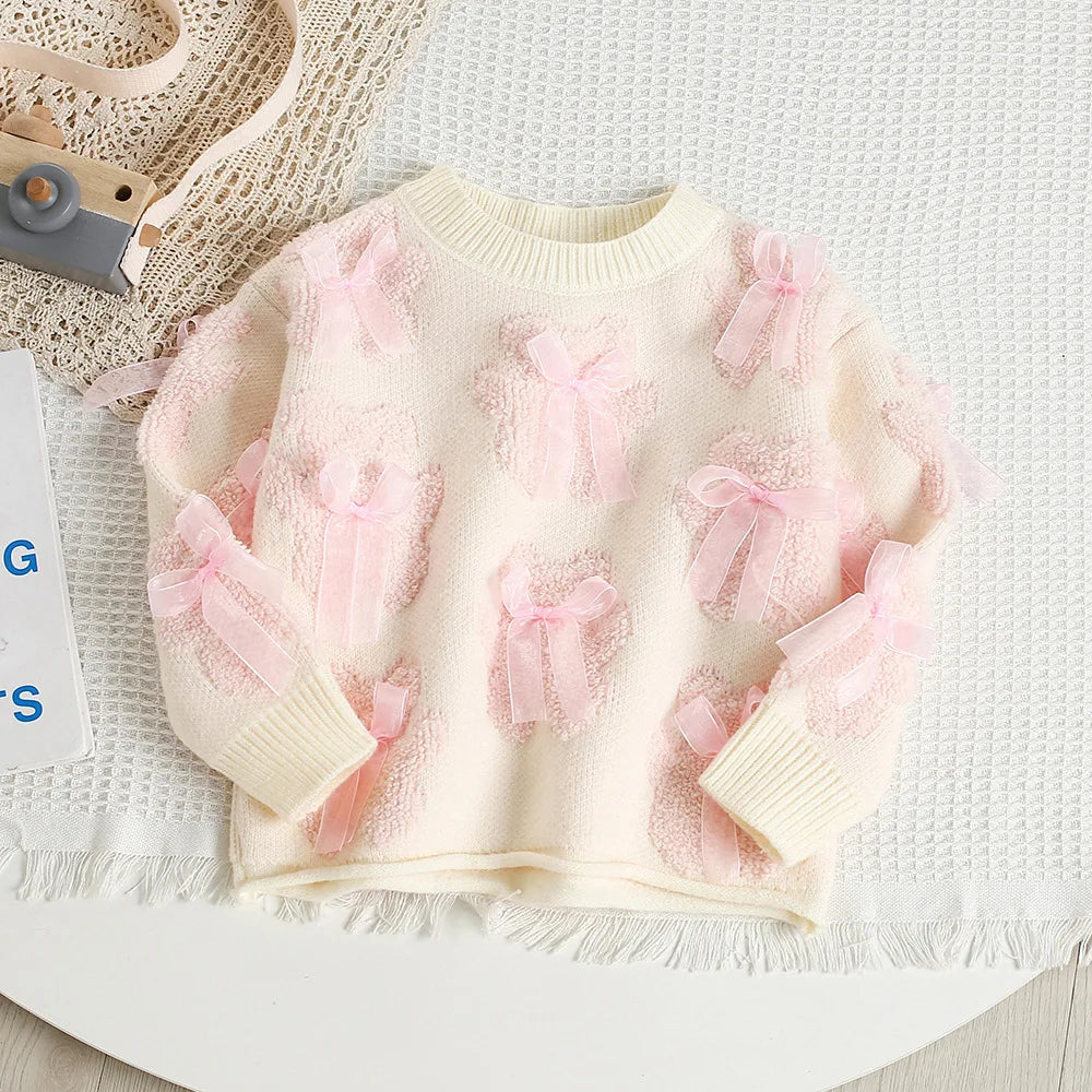 New Autumn Girls Knitted Sweater Sweet Bear Bow Kids Sweater Korean Loose Children Outwear Tops 9M-5T Girls