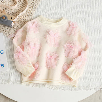 New Autumn Girls Knitted Sweater Sweet Bear Bow Kids Sweater Korean Loose Children Outwear Tops 9M-5T Girls