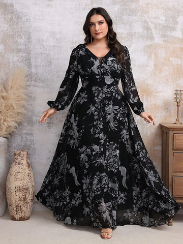 Women's Elegant Random Floral Printed Casual Plus Size Long Dresses With V-Neck Lace Mesh Suitable For Female Party and Evening Dresses