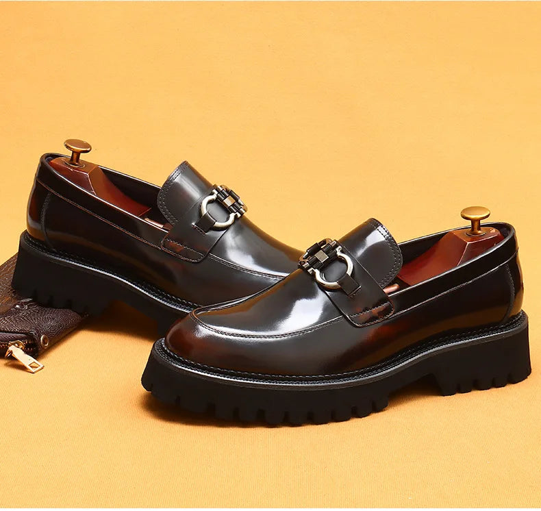 Cow Leather British Loafers Men Glossy Leather Business Casual Heightening Shoes - Non-Slip Tire Soles Dress and Round Toe Shoes