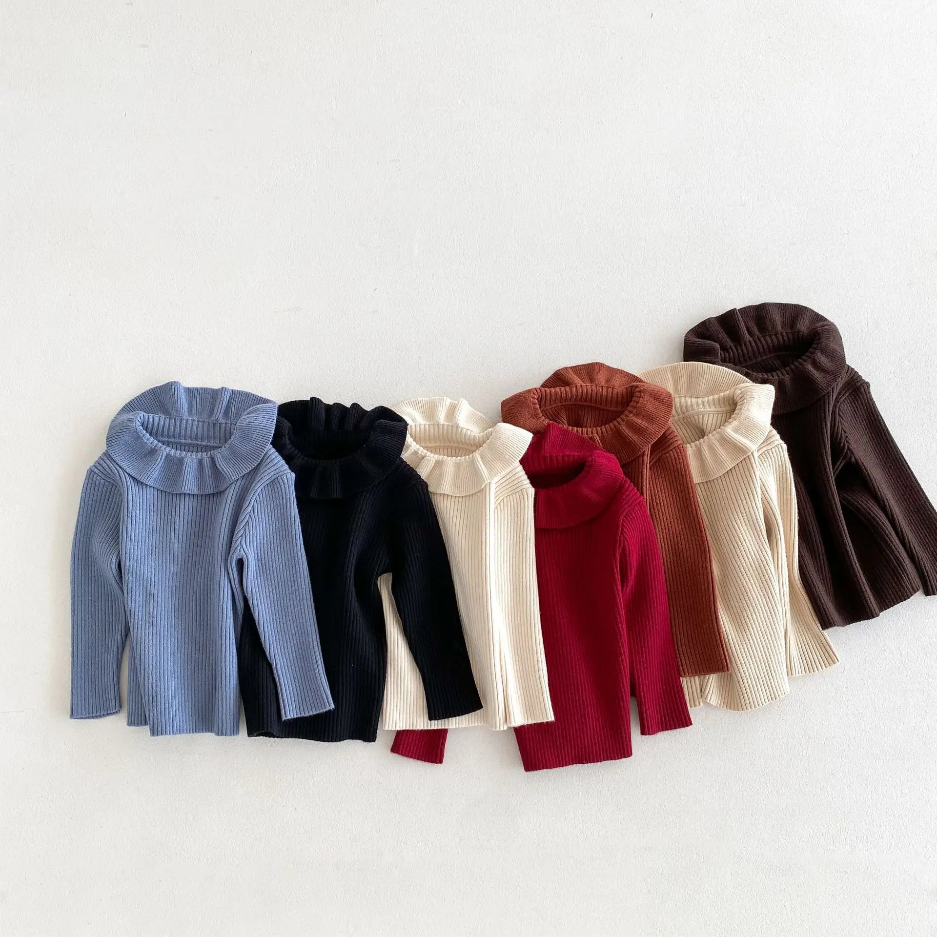 2025 Nieuwe effen trui met onderkant voor meisjes. Kinderkleding met lotusbladkraag en gebreide trui met basistopjes voor meisjes van 1-6 jaar.