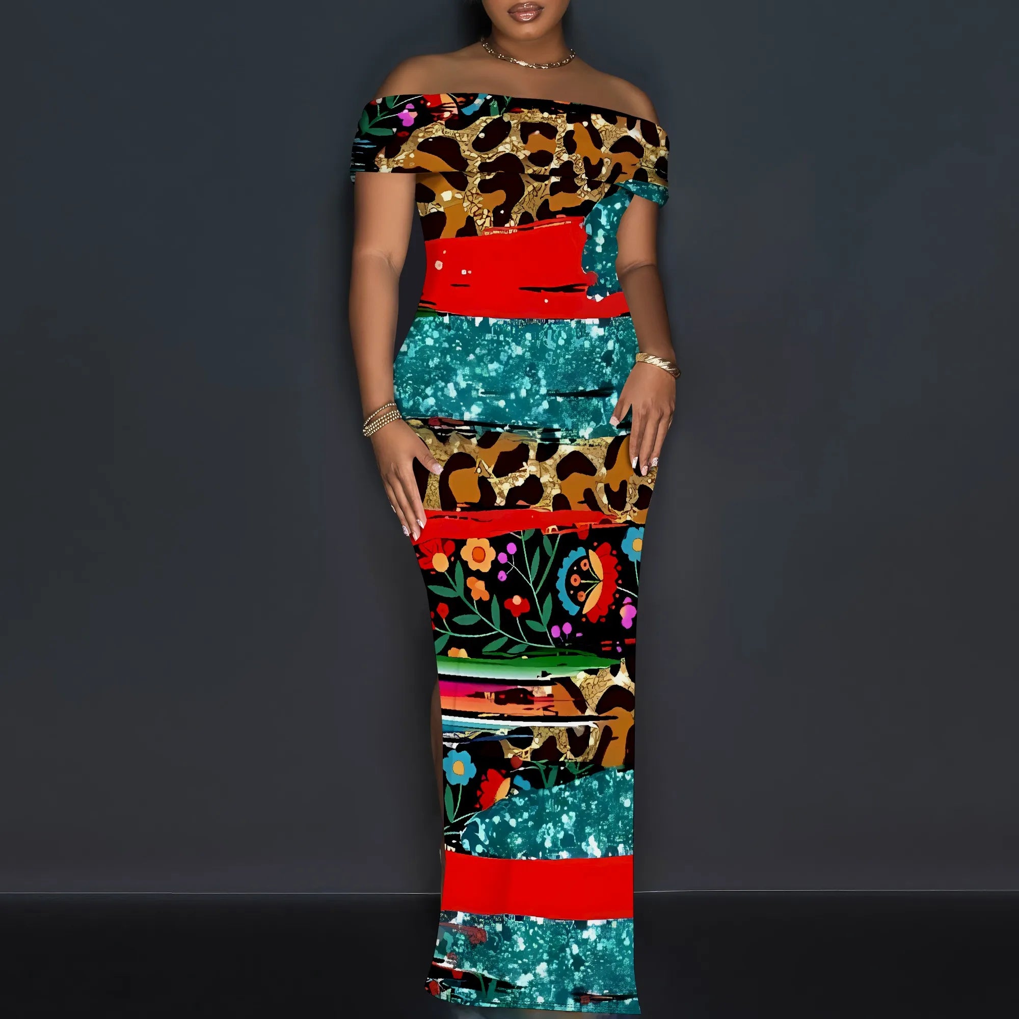 Tribal Patchwork Off Shoulder Maxi Dress Women Boho Style Slim Fit Slit Long Dress Party Clubwear