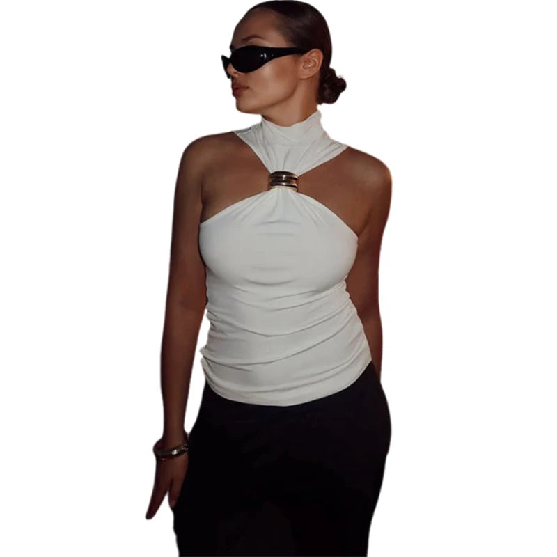 Metal Patchwork Women Fashion Tank Tops Summer Trend Ruched Turtleneck Beach Party Solid Simple Casual Elegant Outfits