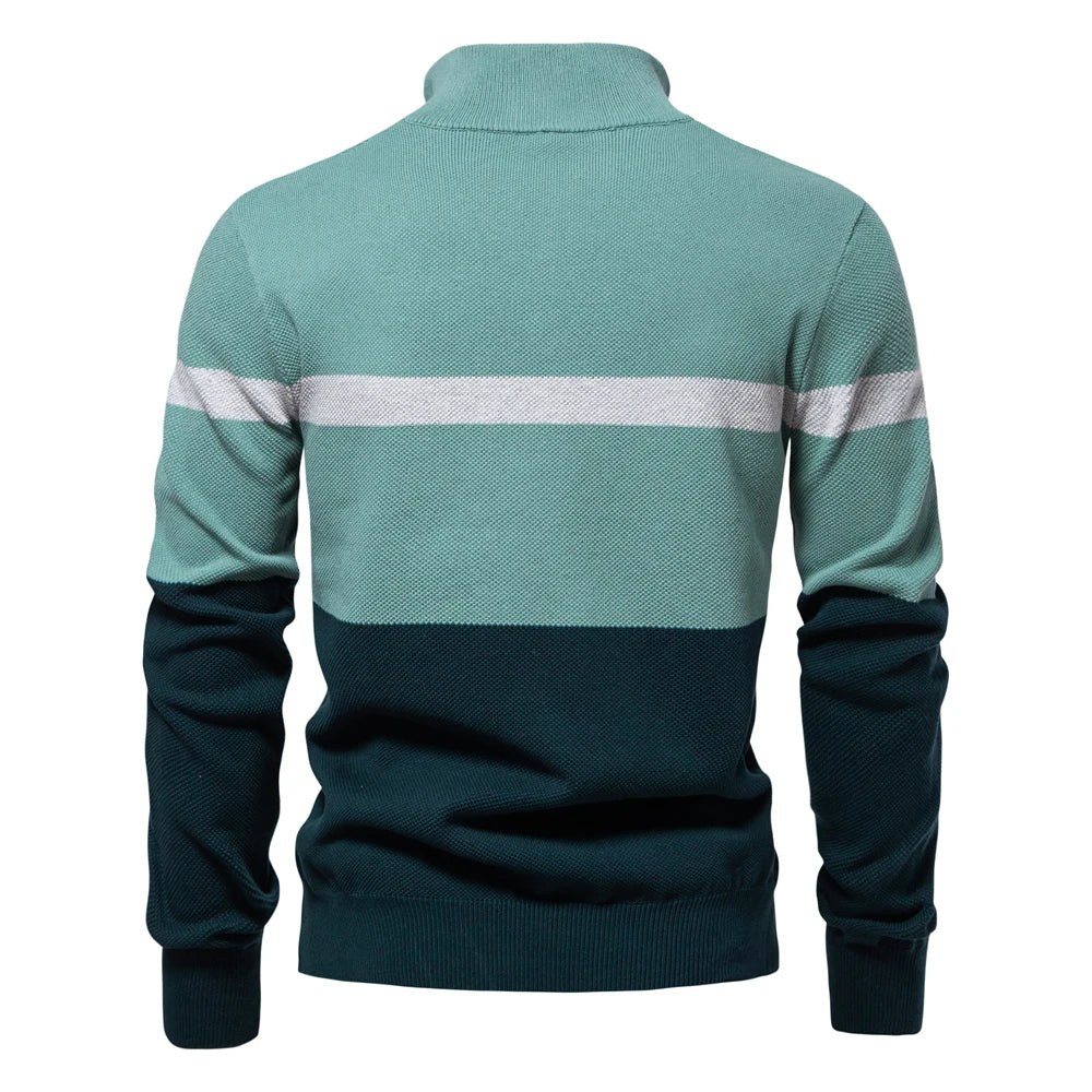 Men's High Quality Cotton Sweater Zipper Mock Neck Pullovers Male Autumn Winter Striped Warm Polo Sweater For Men