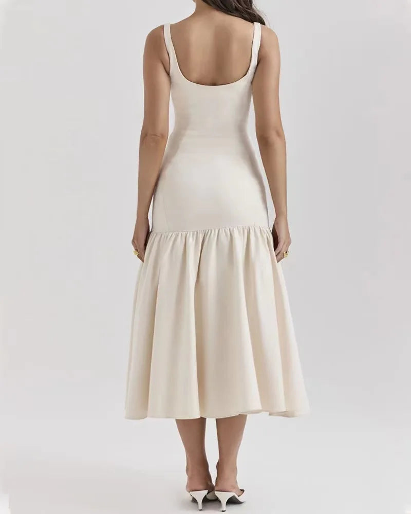 Elegant Ruffles Spliced Suspenders Long Dress Women Slim Square Collar Sleeveless Vestidos Summer Fashion Female Party Robe
