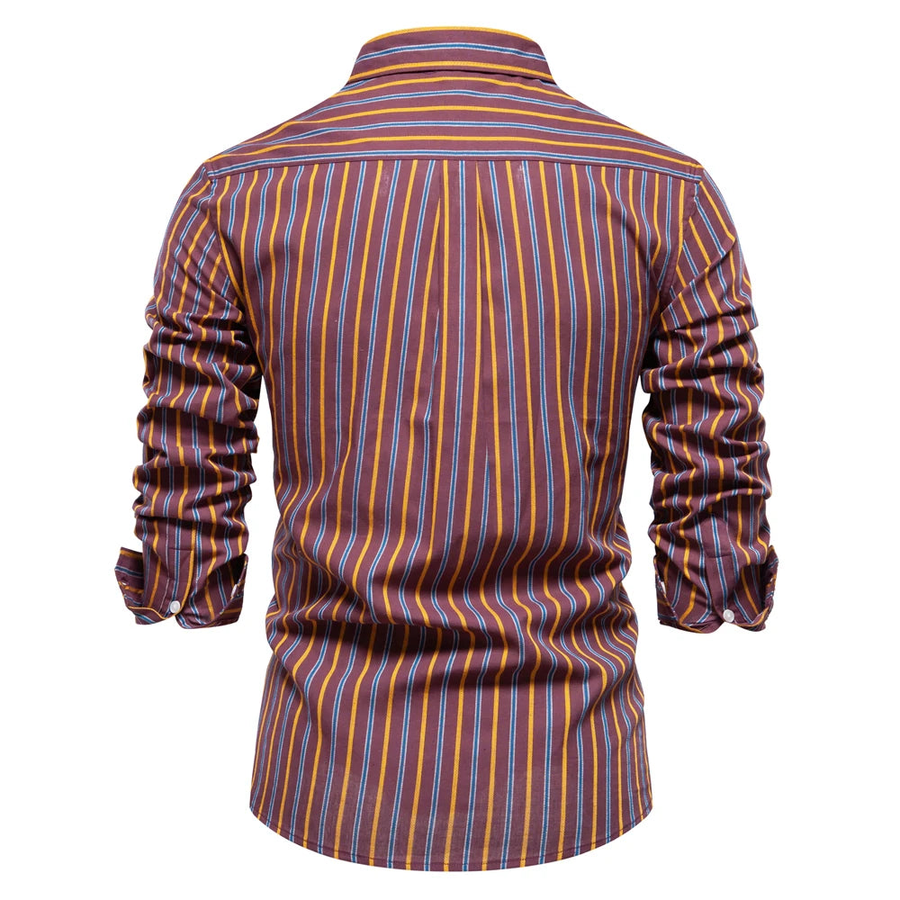 2023 Nieuwe herfst 100% katoenen gestreept overhemd voor heren Lange mouwen Omslagkraag Sociale herenoverhemden Klassieke zakelijke herenkleding